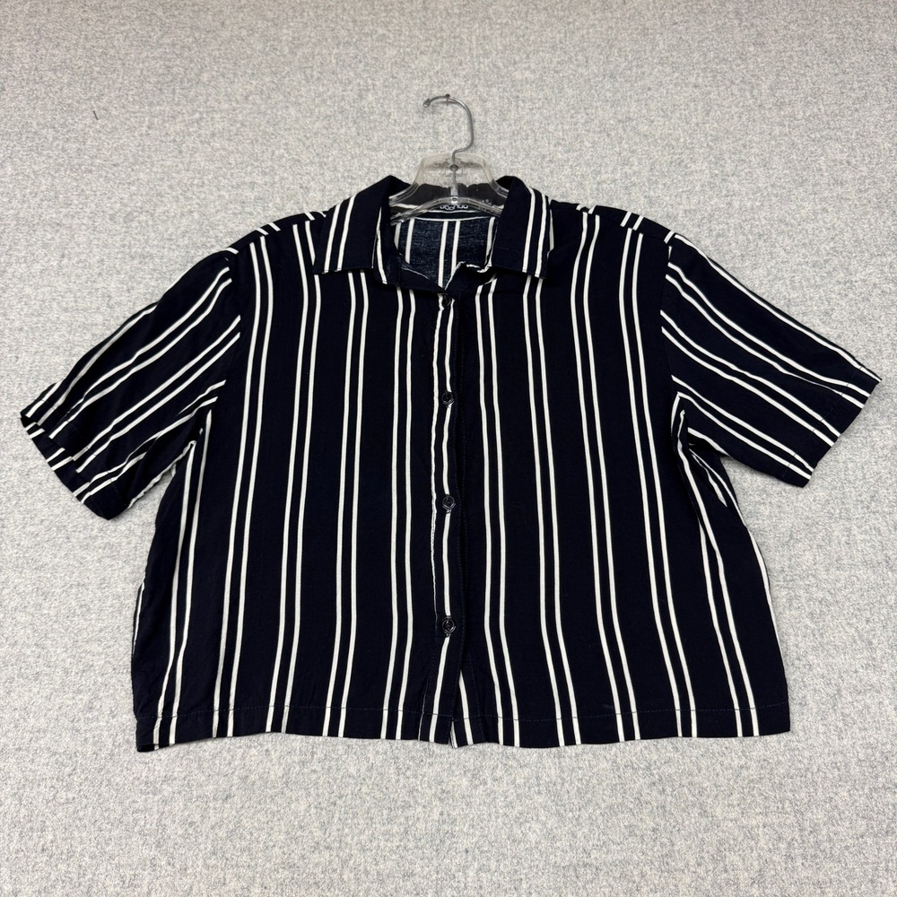 Boohoo Striped Short Sleeve Button Up Shirt Size 6 Navy White Cropped Boxy Top
